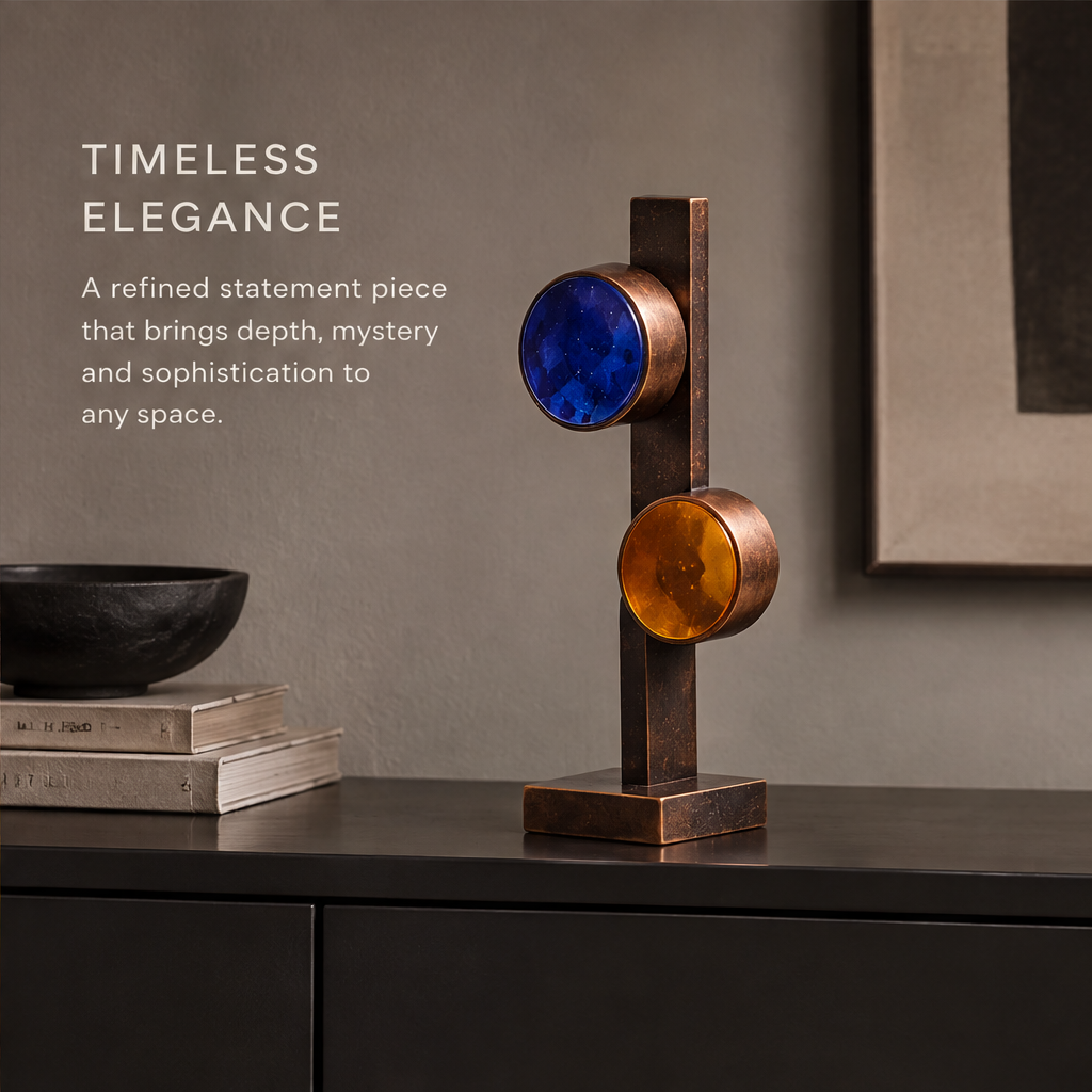 The Otherworldly Museum – Bronze Column Dual Glass Disc Art Sculpture