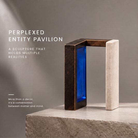 Perplexed Entity Pavilion – Bronze Stone Blue Glass Portal Art Sculpture