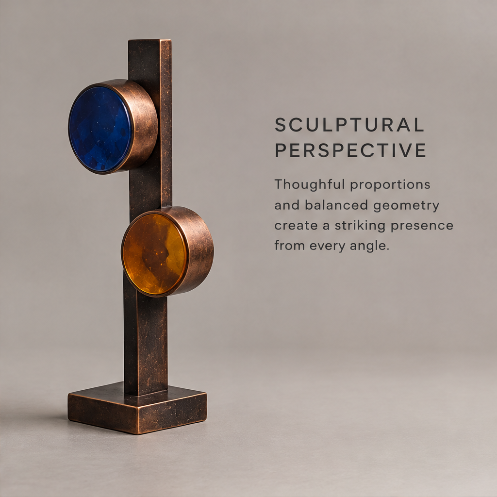 The Otherworldly Museum – Bronze Column Dual Glass Disc Art Sculpture