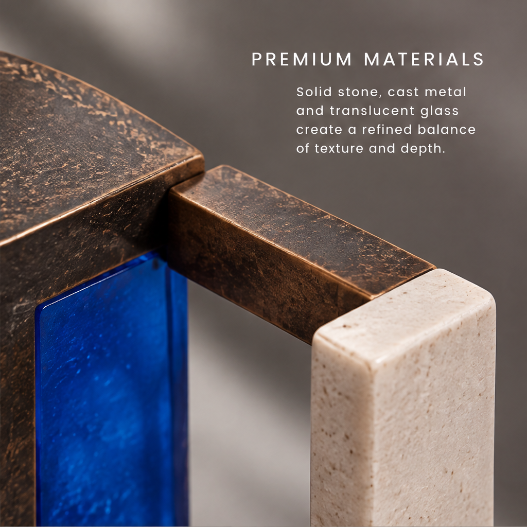 Perplexed Entity Pavilion – Bronze Stone Blue Glass Portal Art Sculpture