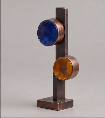 The Otherworldly Museum – Bronze Column Dual Glass Disc Art Sculpture