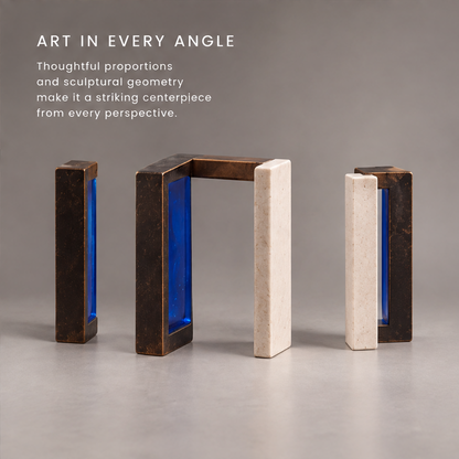 Perplexed Entity Pavilion – Bronze Stone Blue Glass Portal Art Sculpture