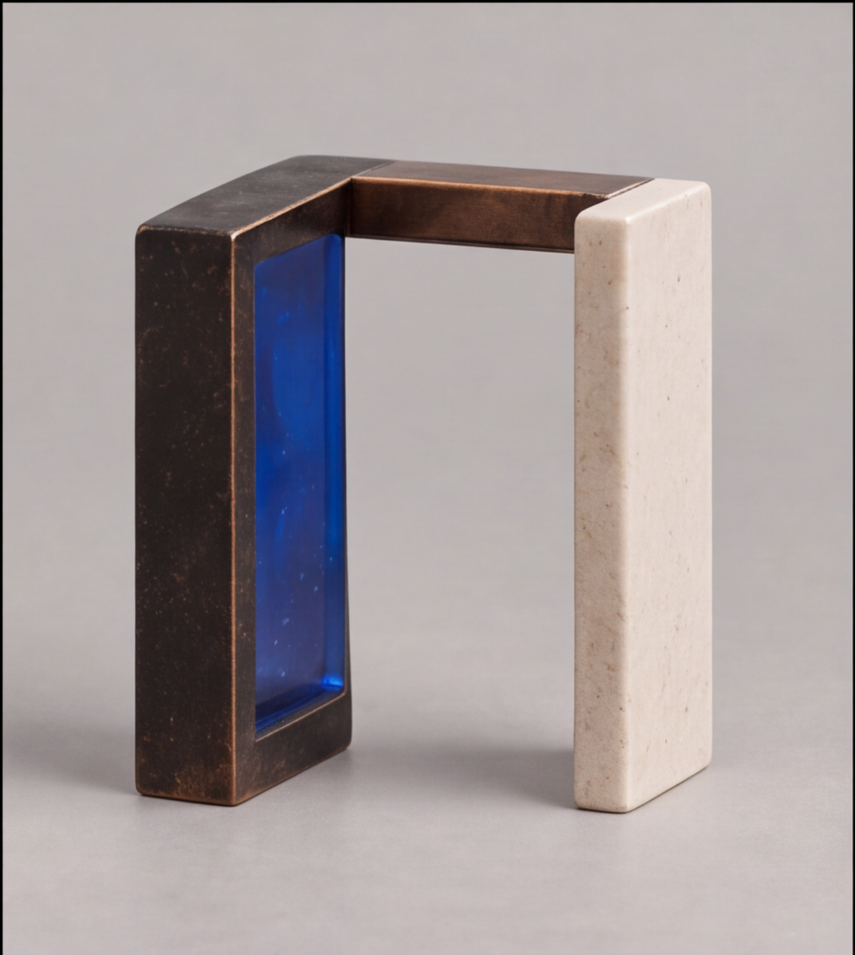 Perplexed Entity Pavilion – Bronze Stone Blue Glass Portal Art Sculpture
