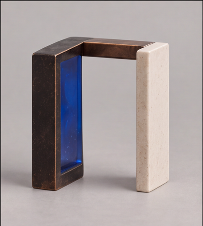 Perplexed Entity Pavilion – Bronze Stone Blue Glass Portal Art Sculpture